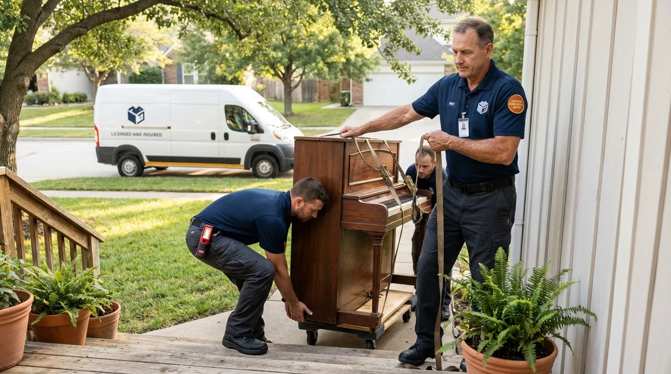 Licensed piano movers securing grand piano in Orangeburg, NY