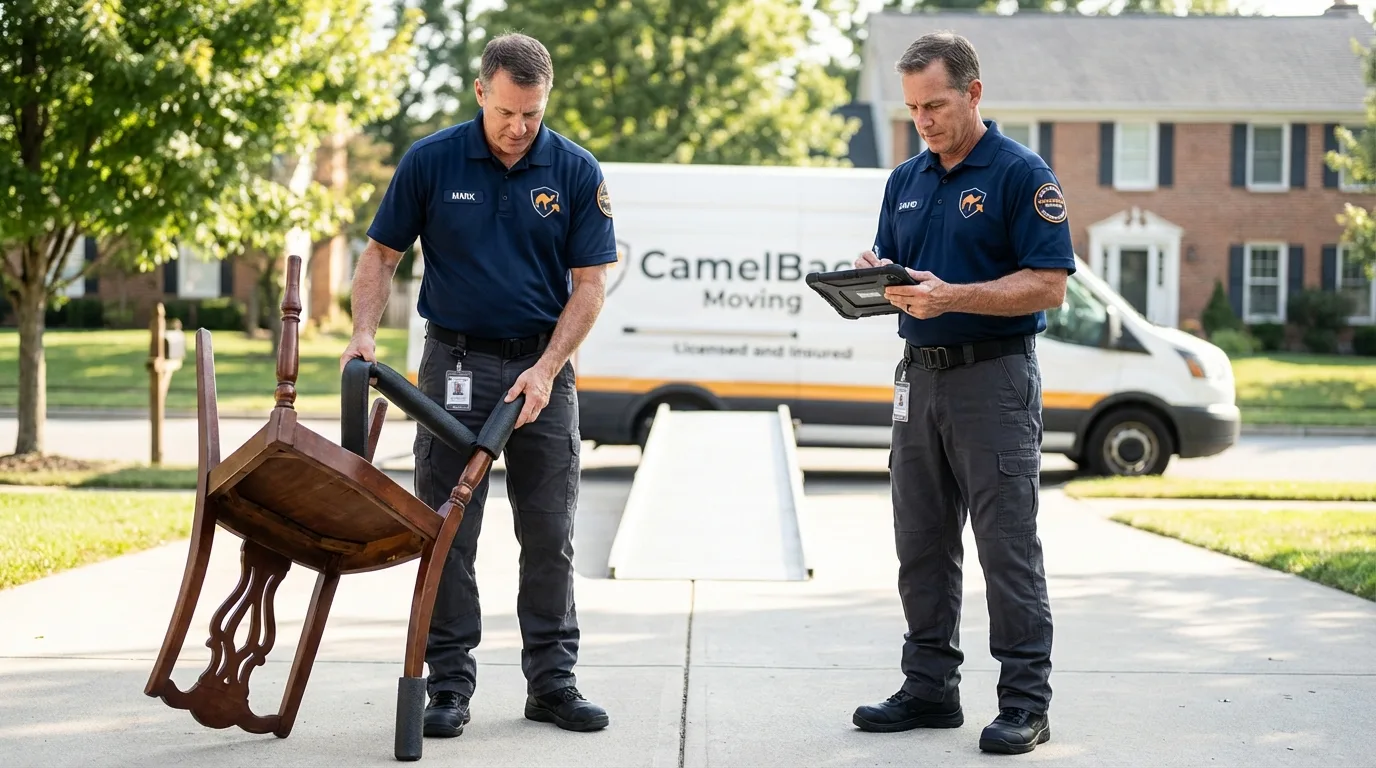 Movers inspecting furniture for damage prevention before loading in Orangeburg, NY