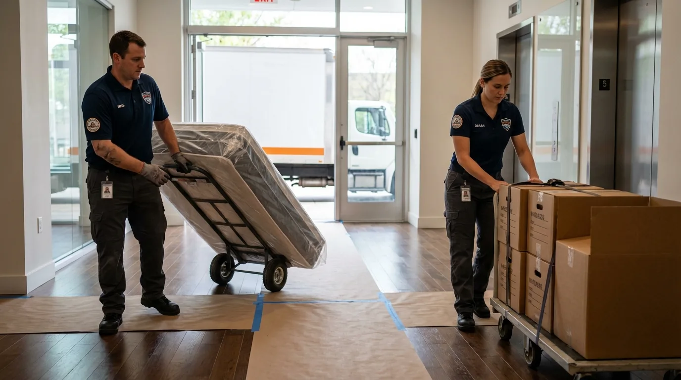 Professional apartment movers loading elevator in Orangeburg, NY