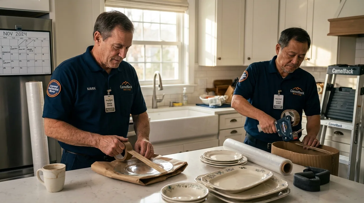 Professional crew packing kitchen dishware in Orangeburg, NY